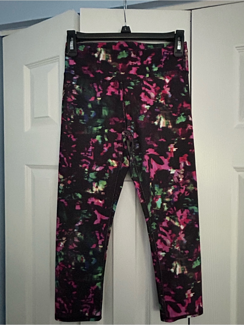 Fabletics Black Leggings with Pink & Green Abstract Print